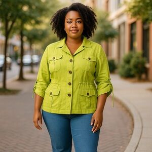 Peck & Peck‎ Lime Green Utility Jacket 1X - Button Front with Drawstring Detail